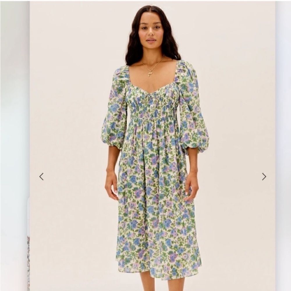 For Love & Lemons Bridget Midi White Green Dress Floral Puff Size S - Picture 7 of 13